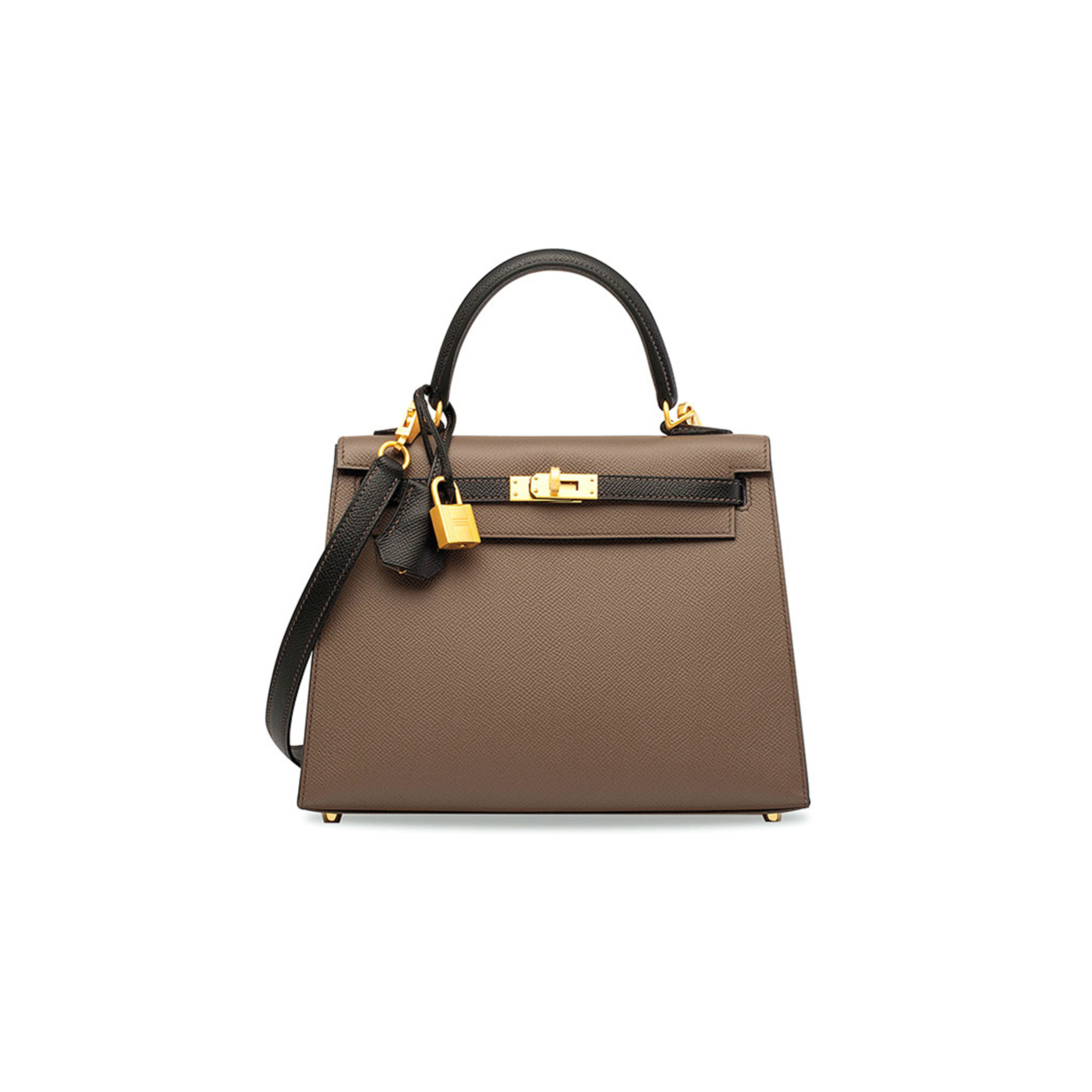 HERMÈS BLACK EPSOM LEATHER SELLIER KELLY 25 WITH BRUSHED GOLD HARDWARE (25*17*7cm)